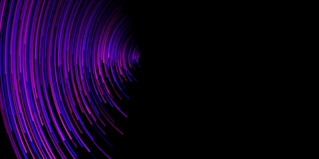 Abstract illustration with many thin curved stripes in shades of blue and purple colors on black background