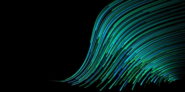 Abstract illustration with many thin curved stripes in shades of green and blue colors on black background