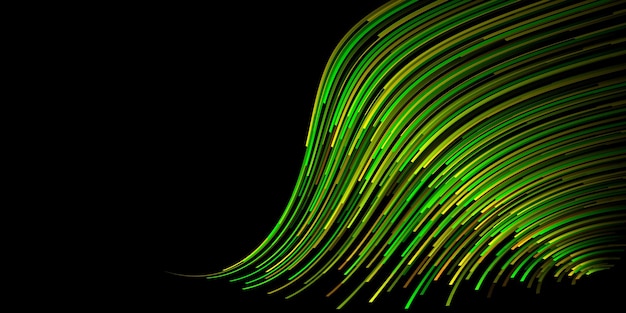 Abstract illustration with many thin curved stripes in shades of green and yellow colors on black background