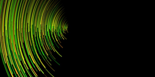 Abstract illustration with many thin curved stripes in shades of green and yellow colors on black background