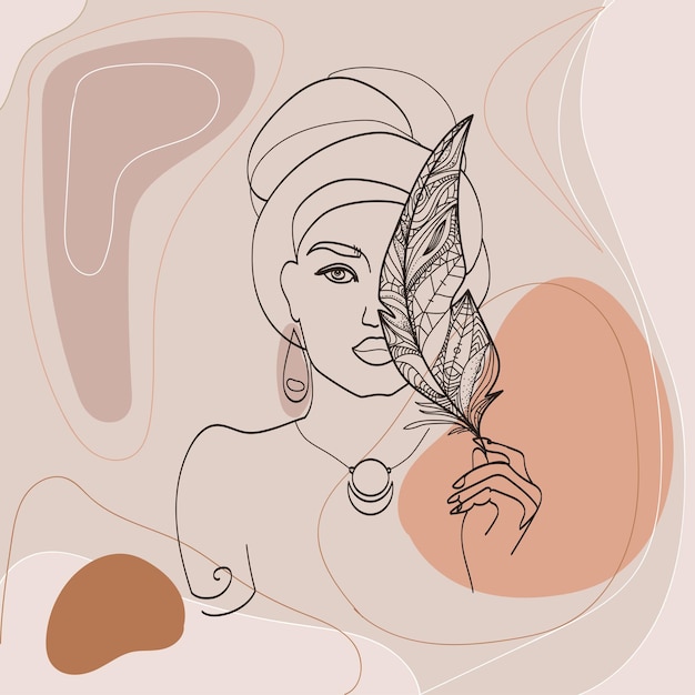 Abstract illustration of a woman in a turban with a feather in her hand on an abstract background