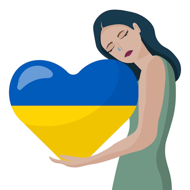 Abstract illustration young crying woman hugging heart Ukrainian flag