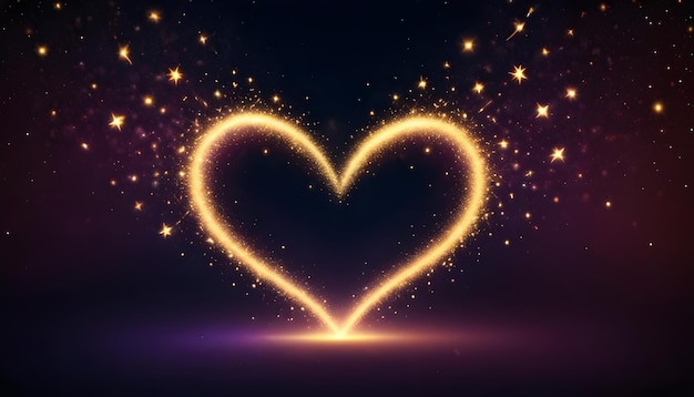 Vector abstract image of a glowing golden heart shape made of sparkles the heart is set against a dark purple background creating a magical and romantic atmosphere