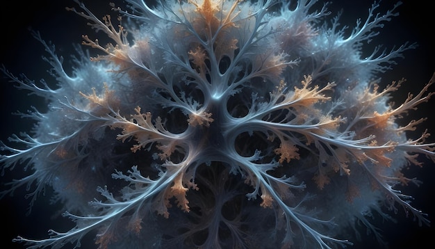 Abstract image of an intricate white and brown fractal structure resembling a coral snowflake or neuron on a dark background