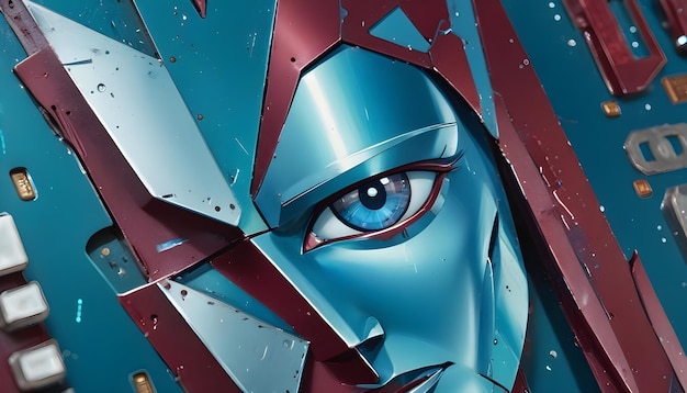 Vector abstract image of a metallic robotic face with a blue eye resembling a cyborg or artificial intelligence