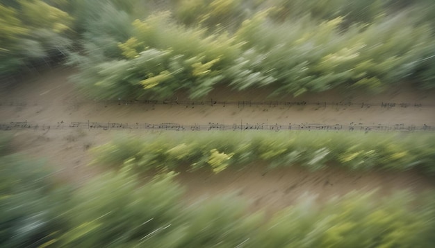 Vector abstract image of music notes superimposed on a blurred background of green foliage the image suggests the flow and rhythm of music in nature