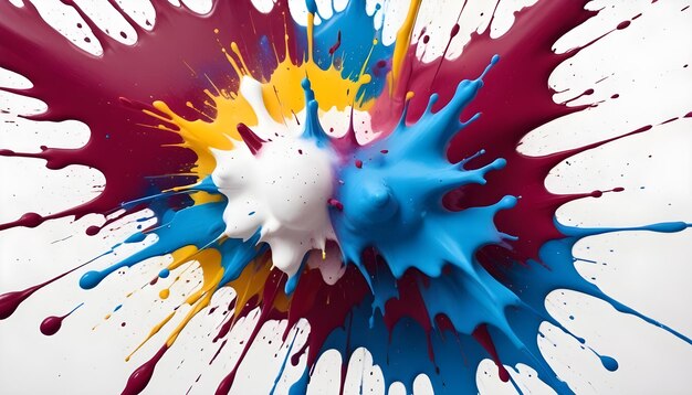 Vector an abstract image of a paint explosion with red yellow blue and white paint splattering outwards on a white background the splatters create a dynamic and energetic effect