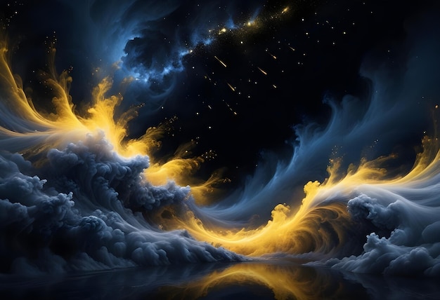 Vector abstract image of swirling clouds in shades of blue and yellow against a starry night sky evoking a sense of cosmic wonder and mystery