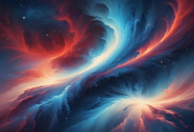 Vector abstract image of swirling feathery clouds in shades of red blue and white against a starry night sky creating a cosmic and ethereal effect