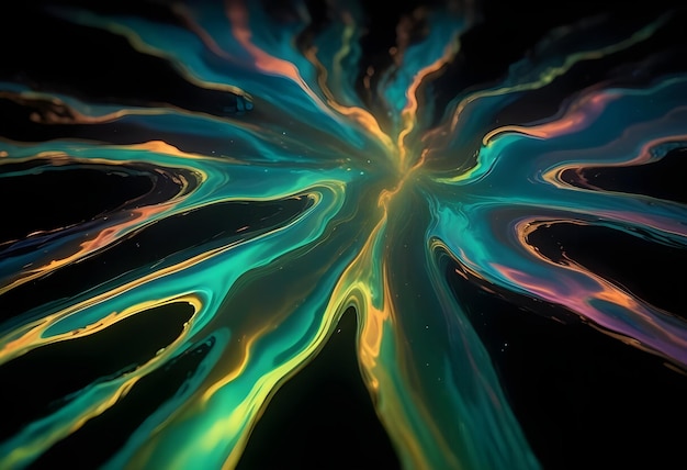 Vector abstract image of swirling glowing lines in shades of teal yellow and orange against a black background the lines create a sense of depth and movement