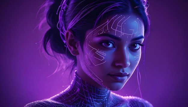 Vector abstract image of a womans face with glowing purple lines resembling a futuristic or cyberpunk aesthetic the lines are delicate and intricate creating a sense of mystery and beauty