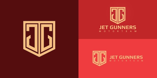 Vector abstract initial letter j and g logo in gold color isolated in multiple red background