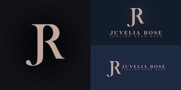 Abstract initial letter JR or RJ logo in gold color isolated on multiple background colors