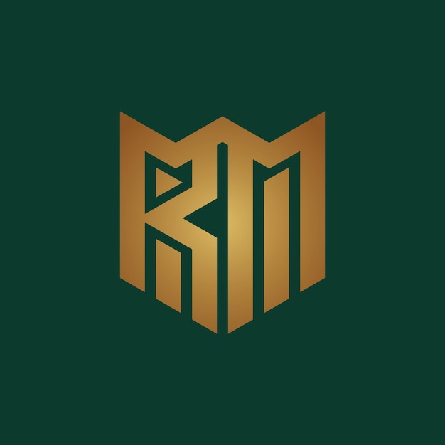 Abstract initial letter RM or MR logo in gold color isolated in green background