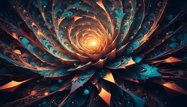 Vector abstract intricate fractal art resembling a flower with glowing orange and teal petals