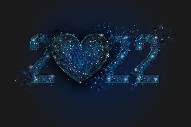 Abstract isolated blue image of new year number 2022 with heart. Polygonal low poly wireframe illustration looks like stars in the blask night sky in spase or flying glass shards.