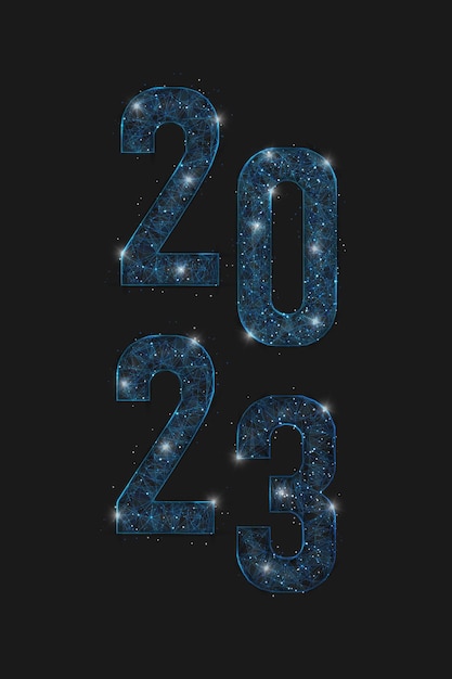 Abstract isolated blue image of new year number 2023 Polygonal low poly wireframe illustration looks like stars in the blask night sky in spase or flying glass shards Digital web internet design