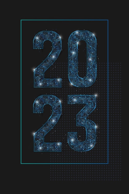 Abstract isolated blue image of new year number 2023 Polygonal low poly wireframe illustration looks like stars in the blask night sky in spase or flying glass shards Digital web internet design