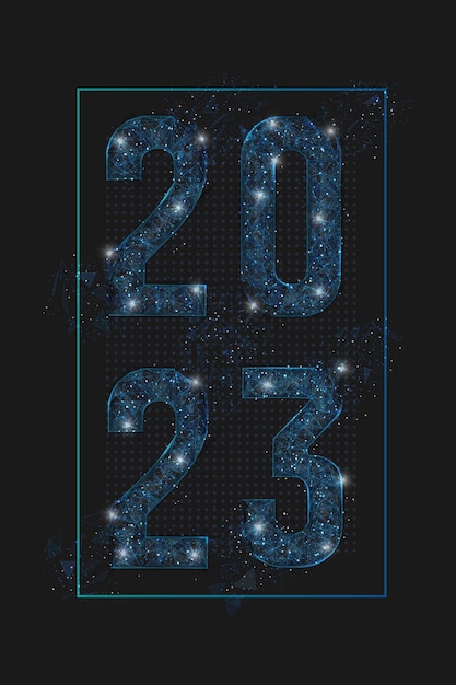 Abstract isolated blue image of new year number 2023 Polygonal low poly wireframe illustration looks like stars in the blask night sky in spase or flying glass shards Digital web internet design