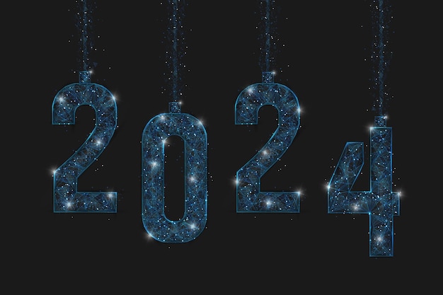 Vector abstract isolated blue image of new year number 2024 polygonal low poly wireframe illustration looks like stars in the blask night sky in spase or flying glass shards digital web internet design