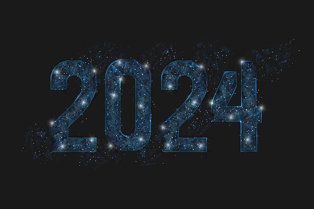 Vector abstract isolated blue image of new year number 2024 polygonal low poly wireframe illustration looks like stars in the blask night sky in spase or flying glass shards digital web internet design