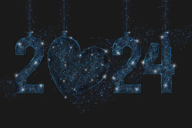 Vector abstract isolated blue image of new year number 2024 polygonal low poly wireframe illustration looks like stars in the blask night sky in spase or flying glass shards digital web internet design