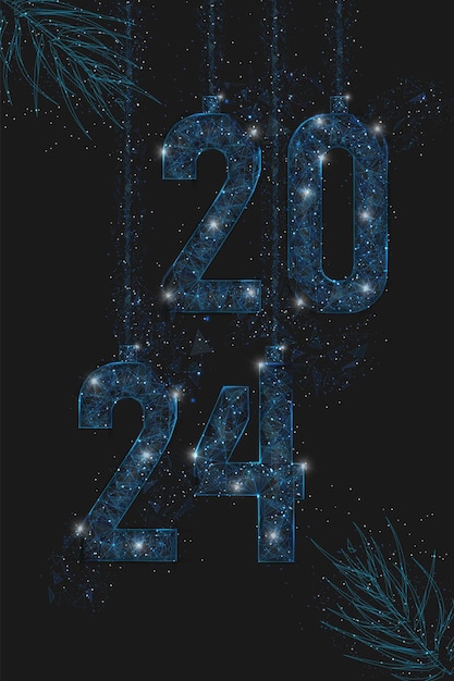 Vector abstract isolated blue image of new year number 2024 polygonal low poly wireframe illustration looks like stars in the blask night sky in spase or flying glass shards digital web internet design