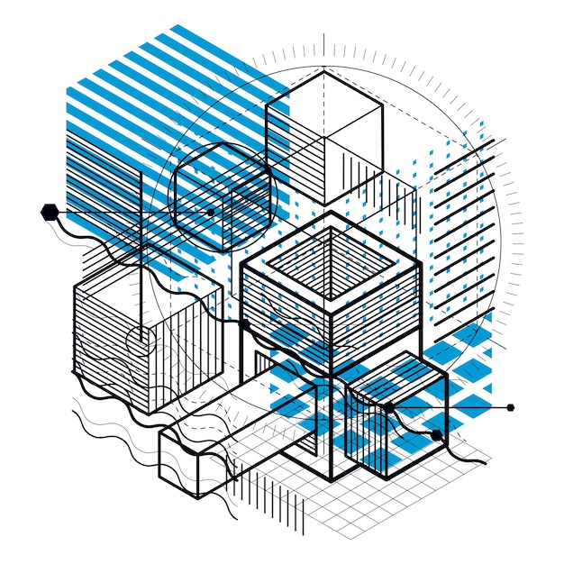 Abstract isometrics background, 3d vector layout. Composition of cubes, hexagons, squares, rectangles and different abstract elements.