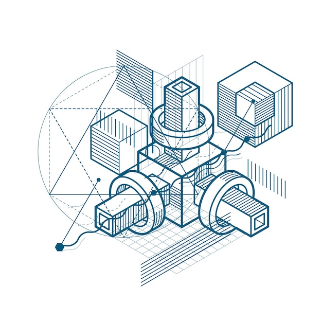Abstract isometrics background, 3d vector layout. Composition of cubes, hexagons, squares, rectangles and different abstract elements.