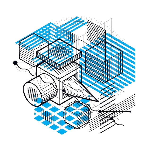 Vector abstract isometrics background, 3d vector layout. composition of cubes, hexagons, squares, rectangles and different abstract elements.