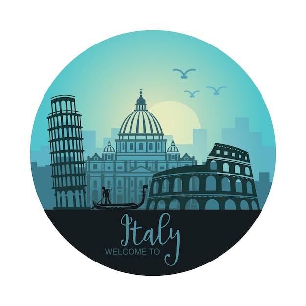 Abstract Italian cityscape with silhouettes of sights at sunset in the form of a circle