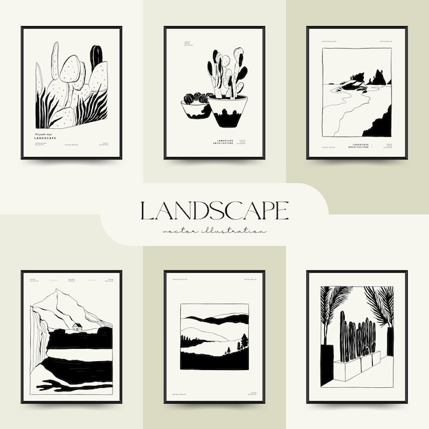 Abstract landscape interior contemporary minimal aesthetic Hand drawn illustrations wall art