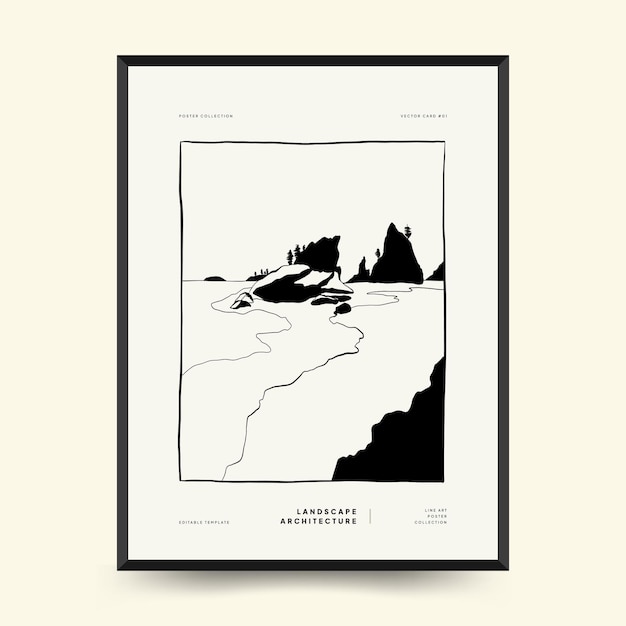 Abstract landscape interior contemporary minimal aesthetic. Hand drawn linear illustrations