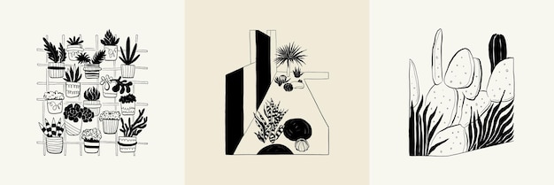 Abstract landscape interior contemporary minimal aesthetic. Hand drawn linear illustrations