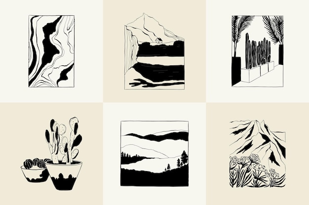 Abstract landscape interior contemporary minimal aesthetic. Hand drawn linear illustrations