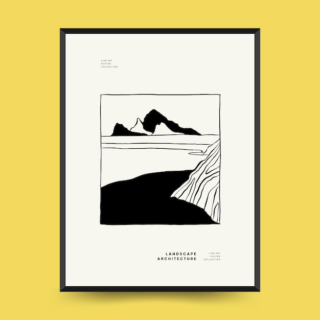 Abstract landscape interior contemporary minimal aesthetic. Hand drawn linear poster