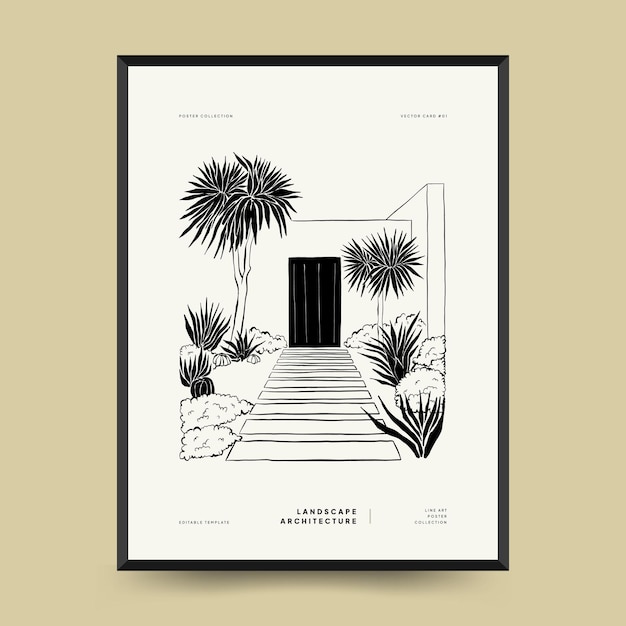 Abstract landscape interior contemporary minimal aesthetic. Hand drawn linear poster