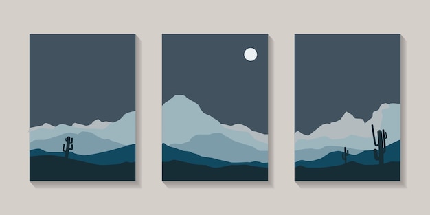 Vector abstract landscape poster collection sun and moon trees mountain bundles and mountains at night