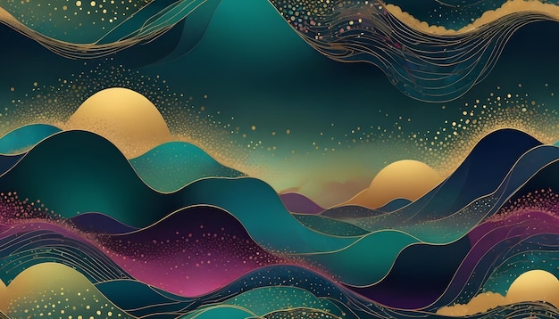 Abstract landscape with flowing layered waves in shades of teal purple and gold with a textured marbled effect