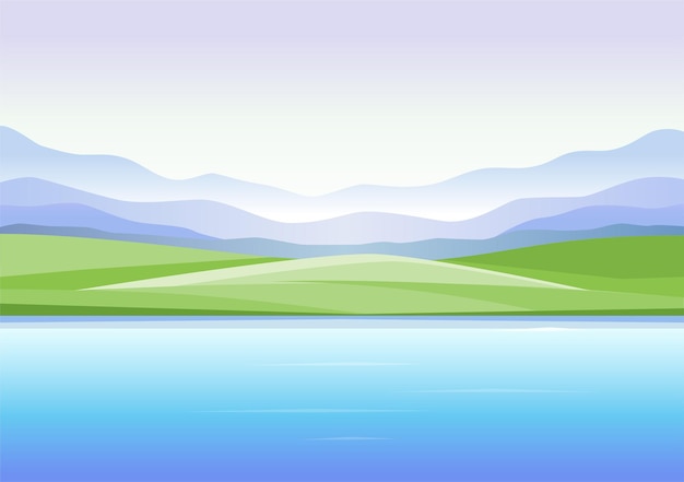 Abstract landscape with mountains and lake - modern vector illustration. Beautiful panoramic view with lake or river, fog, hills, green grass, field, meadow and clear sky