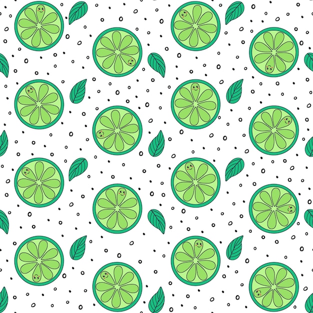 Abstract lime vector seamless  pattern. Lime slices, mint leaves and small random black spots.