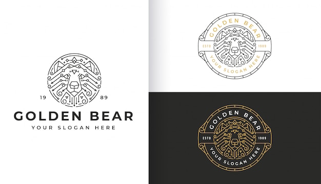 abstract line art golden bear logo with circle badge template