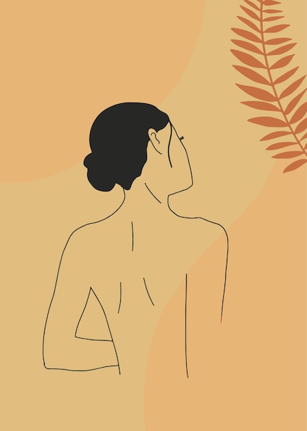 Abstract line art poster with silhouette of woman tropical leaves Linear female body  Vector print