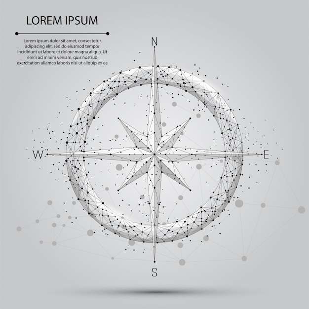 Abstract line and point compass icon. Low poly style illustration