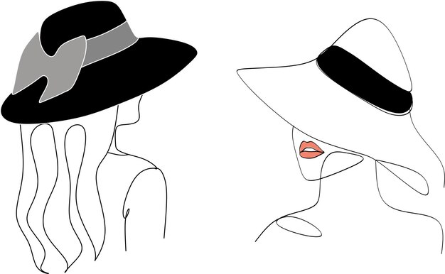 Vector abstract linear woman in hat. minimal portrait. head fashionable accessory