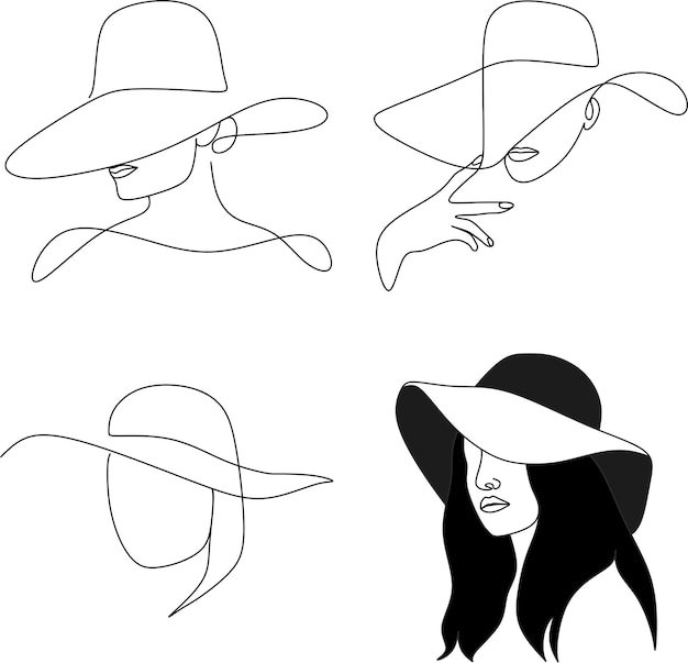 Vector abstract linear woman in hat. minimal portrait. head fashionable accessory