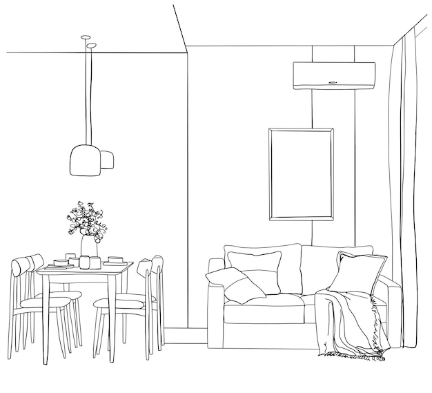 Abstract living room interior simple hand drawn illustration Lounge with sofa window paintings houseplants carpet and chair Living room in an apartment or house black and white sketch vector