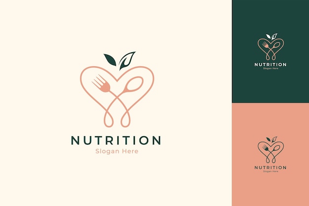 Abstract logo of a heart with cutlery and leaves Symbol of healthy food health nutrition and diet menu Simple linear line concept with multiple preview colors