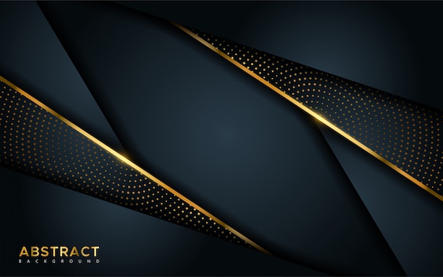 Abstract luxury dark background with golden lines and circular glowing golden dots combinations.