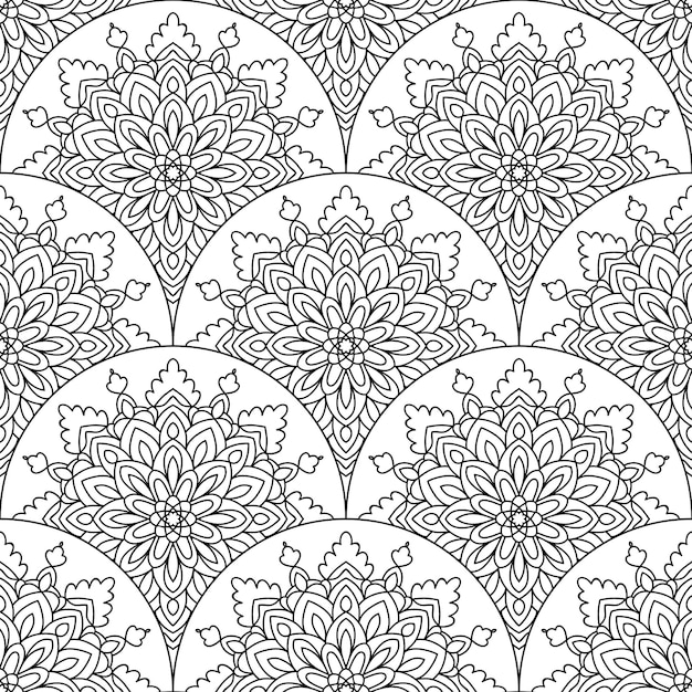 Abstract mandala fish scale seamless pattern. Ornamental tile, mosaic background. Floral patchwork